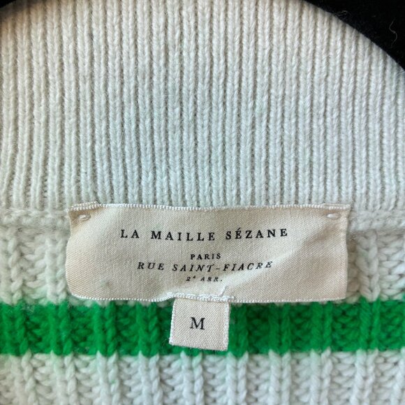 LA Maille Sezane Kyam White and Green Striped Jumper with Buttons - Picture 6 of 9